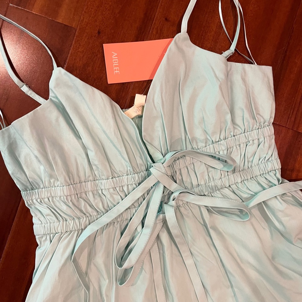 Cotton Mint Maxi Dress AIBLEE Boutique Pale Green Tier Smock‎ Tie New Medium - Picture 2 of 10
